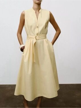 Zara Pale Yellow Sleeveless Belted Midi Dress new 100% cotton